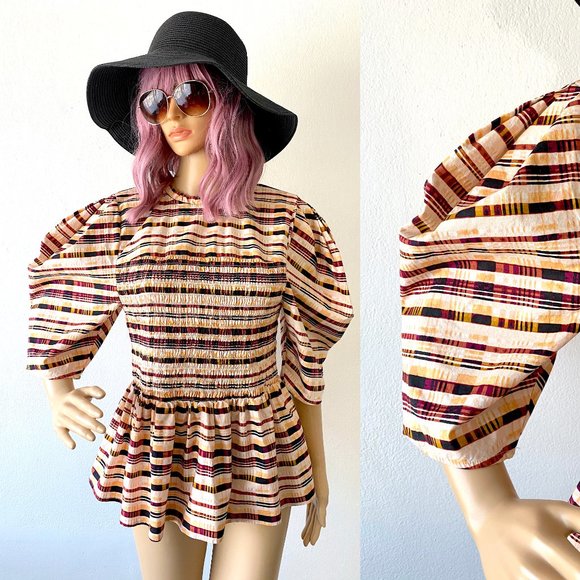 Puffed Sleeve Blouse Ruched Top Fit and Flare Blouse Ruffled Top Statement Piece - Picture 1 of 10